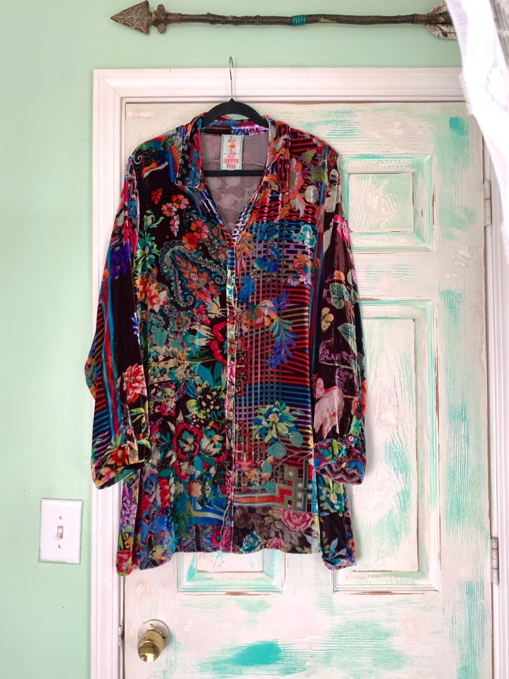 Johnny Was Bohemian Velvet Burnout Button Up Tunic Blouse
